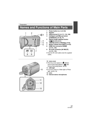 Page 1717VQT3W31
1 Power button [ ] (l25)
2 Speaker
3 USB terminal [ ] ( l111, 116, 128)
4 Intelligent auto/Manual button 
[iA/MANUAL] ( l36, 77)
5 Optical image stabilizer button  [ O.I.S.] ( l51)
6 1080/60p button [1080/60p] ( l52)
7 Battery release lever [BATT] (l 20)
8 HDMI mini connector [HDMI]  (l 101, 105)
9 AV multi connector [AV MULTI]  (l 101, 119)
≥ Use the AV multi cable (only the supplied 
cable).
10 Lens cover
≥The lens cover opens in   Motion 
Picture Recording Mode or   Still 
Picture Recording...