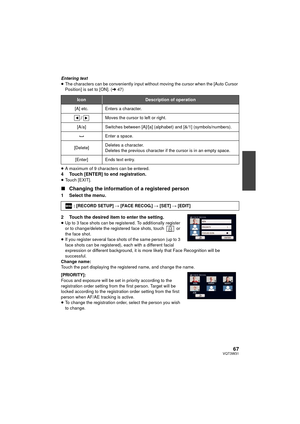 Page 6767VQT3W31
Entering text
≥The characters can be conveniently input without moving the cursor when the [Auto Cursor 
Position] is set to [ON]. ( l47)
≥ A maximum of 9 characters can be entered.
4 Touch [ENTER] to end registration.≥Touch [EXIT].
∫ Changing the information of a registered person
1 Select the menu.
2 Touch the desired item to enter the setting.
≥Up to 3 face shots can be registered. To additionally register 
or to change/delete the registered face shots, touch   or 
the face shot.
≥ If you...