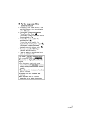 Page 99VQT3W31
∫For the purposes of this 
owner’s manual
≥SD Memory Card, SDHC Memory Card 
and SDXC Memory Card are referred to 
as the “SD card”.
≥ Function that can be used for Motion 
Picture Recording Mode: 
Function that can be used for Still Picture 
Recording Mode: 
≥
Function that can be used for the 
playback mode: 
Function that can be used for the 
playback mode (motion picture only): 
Function that can be used for the 
playback mode (still pictures only): 
≥ Scene(s) recorded in 1080/60p or...