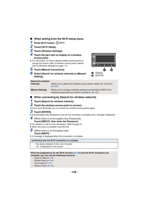 Page 129- 129 -
∫
When setting from the Wi-Fi setup menu
1Press Wi-Fi button. 
2Touch [Wi-Fi Setup].
3Touch [Wireless Settings].
4Touch the part with no display of a wireless 
access point.
≥For information on how to delete wireless access points or 
change the search order of wireless access points, please 
refer to [Wireless Settings] on page 149 .
5Touch [Manual Connection].
6Select [Search for wireless network] or [Manual 
Setting].
∫When connecting by [Search for wireless network]
1Touch [Search for...