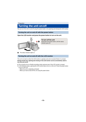 Page 15- 15 -
You can turn the unit on and off using the power button or by opening and closing the LCD monitor.
Open the LCD monitor and press the power button to turn on the unit.
AThe status indicator lights on.
The unit is turned on when the LCD monitor is opened, and unit is turned off when it is closed.
During normal use, opening and closing of the LCD monitor can be conveniently used to 
turn the unit on/off.
≥ The unit will not turn off while recording motion pictures even if the LCD monitor is closed....