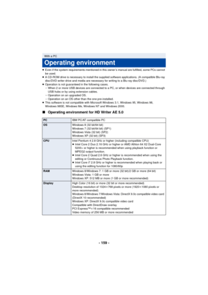 Page 159- 159 -
≥Even if the system requirements mentioned in this owner’s manual are fulfilled, some PCs cannot 
be used.
≥ A CD-ROM drive is necessary to install the supplied software applications. (A compatible Blu-ray 
disc/DVD writer drive and media are necessary for writing to a Blu-ray disc/DVD.)
≥ Operation is not guaranteed in the following cases.
jWhen 2 or more USB devices are connected to a PC, or when devices are connected through 
USB hubs or by using extension cables.
j Operation on an upgraded...