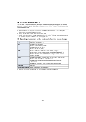 Page 161- 161 -
∫
To use the HD Writer AE 5.0
You will need a high performance PC depending on the functions to be used. It may not properly 
play back or properly operate depending on the environment of the PC used. Refer to the operating 
environment and notes.
≥Operation during the playback may become slow if the CPU or memory is not fulfilling the 
requirements of the operating environment.
≥ Always use the most current driver for the video card.
≥ Always make sure there is enough capacity on the HDD in the...