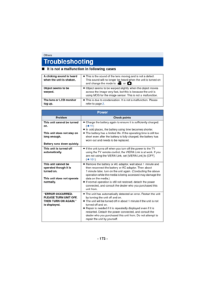 Page 173- 173 -
∫
It is not a malfunction in following cases
Others
Troubleshooting
A clicking sound is heard 
when the unit is shaken. ≥
This is the sound of the lens moving and is not a defect.
This sound will no longer be heard when the unit is turned on 
and change the mode to   or  .
Object seems to be 
warped. ≥
Object seems to be warped slightly when the object moves 
across the image very fast, but this is because the unit is 
using MOS for the image sensor. This is not a malfunction.
The lens or LCD...