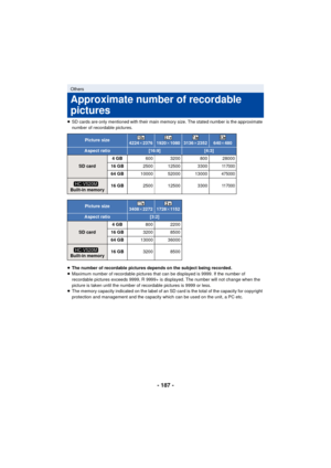 Page 187- 187 -
≥SD cards are only mentioned with their main memory size. The stated number is the approximate 
number of recordable pictures.
≥ The number of recordable pictures depends on the subject being recorded.
≥ Maximum number of recordable pictures that can be displayed is 9999. If the number of 
recordable pictures exceeds 9999, R 9999+ is displayed. The number will not change when the 
picture is taken until the number of recordable pictures is 9999 or less.
≥ The memory capacity indicated on the...