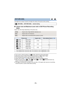 Page 73- 73 -
The higher the number of pixels, the higher the clarity of the picture when printing.
∫Picture size and Maximum zoom ratio in Still Picture Recording 
Mode
Aspect ratio will change depending on the picture size.
*1 Extra Optical Zoom cannot be used. The maximum zoom magnification is 62 k.
*2 Extra Optical Zoom cannot be used. The maximum zoom magnification is 50 k.
≥ This function’s default settings are [  10M] in Still Picture Recording Mode.
≥ Still pictures taken in Motion Picture Recording...