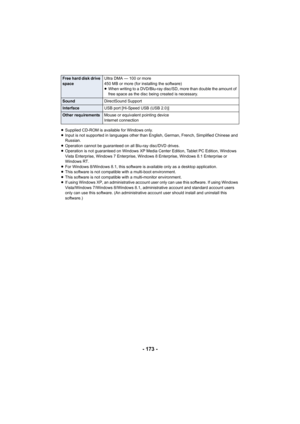 Page 173- 173 -
≥Supplied CD-ROM is available for Windows only.
≥ Input is not supported in languages other than English, German, French, Simplified Chinese and 
Russian.
≥ Operation cannot be guaranteed on all Blu-ray disc/DVD drives.
≥ Operation is not guaranteed on Windows XP Media Center Edition, Tablet PC Edition, Windows 
Vista Enterprise, Windows 7 Enterprise, Windows 8 Enterprise, Windows 8.1 Enterprise or 
Windows RT.
≥ For Windows 8/Windows 8.1, this software is available only as a desktop...