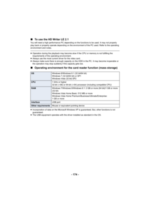 Page 174- 174 -
∫
To use the HD Writer LE 2.1
You will need a high performance PC depending on the functions to be used. It may not properly 
play back or properly operate depending on the environment of the PC used. Refer to the operating 
environment and notes.
≥Operation during the playback may become slow if the CPU or memory is not fulfilling the 
requirements of the operating environment.
≥ Always use the most current driver for the video card.
≥ Always make sure there is enough capacity on the HDD in the...