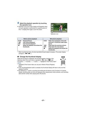 Page 27- 27 -
6Select the playback operation by touching 
the operation icon.
≥Operation icons and screen display will disappear when 
no touch operation is performed for a specific period of 
time. To display them again, touch the screen.
* When touched two times, the fast rewind/fast forward speed increases. (The screen display  changes to  / .)
∫ Change the thumbnail display
While the thumbnail is displayed, the thumbnail display changes in the 
following order if the zoom lever is operated to   side or...