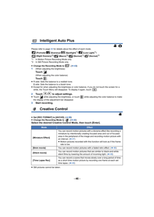 Page 46- 46 -
Intelligent Auto Plus
Please refer to page 44 for details about the effect of each mode.
(Portrait)/ (Scenery)/ (Spotlight)
*1/(Low Light)*1/
(Night Scenery)*2/ (Macro)*2/(Normal)*1/(Normal)*2
*1 In Motion Picture Recording Mode only
*2 In Still Picture Recording Mode only
≥ Change the Recording Mode to  . ( l43)
1(When adjusting the brightness)
To u c h  .
(When adjusting the color balance)
To u c h  .
≥R side: Sets the balance to a reddish tone.
B side: Sets the balance to a bluish tone.
≥...