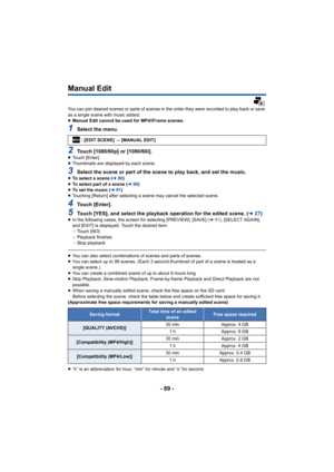 Page 89- 89 -
Manual Edit
You can join desired scenes or parts of scenes in the order they were recorded to play back or save 
as a single scene with music added.
≥Manual Edit cannot be used for MP4/iFrame scenes.
1Select the menu.
2Touch [1080/60p] or [1080/60i].≥Touch [Enter].
≥ Thumbnails are displayed by each scene.
3Select the scene or part of the scene to play back, and set the music.≥To select a scene ( l90)
≥ To select part of a scene ( l90)
≥ To set the music ( l91)
≥ Touching [Return] after selecting...