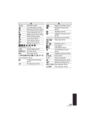 Page 139139VQT3Y41
B
PRE-REC ( l56)
Zoom Microphone ( l69)
Wind Noise Canceler ( l68)
Picture Adjustment ( l70)
Digital Cinema Color (l 68)
AF/AE tracking ( l53)
Touch Zoom ( l52)
Touch Shutter ( l54)
MF Manual Focus ( l77)
// / / /
White Balance ( l75)
1/100 Shutter Speed ( l76)
OPEN/F2.0 Iris value (l76)
0dB Gain value (l76)
±  (White)/ ¥ (Green)/ / / / /
Focus indication ( l33)
Hi-Speed Burst Shooting 
( l 72)
AF assist lamp ( l73)
PRE-REC
AW B
C
Display Touch Menu ( l27)
Backlight Compensation 
( l 59)
Tele...