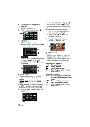 Page 1616VQT3Y41
∫Motion picture/Still picture 
playback
1) Change the mode to  .
2) Touch the play mode select icon  A.
3) Select the still picture  B or the 
recording format of the motion picture  C 
you wish to play back.
Select the media type  D and then select 
the still picture  B or the recording 
format of the motion picture  C you wish 
to play back.
≥ Touch [ENTER].
≥ The icon is displayed in the thumbnail 
display when the item for motion picture is 
touched.
( , , , ,  and 
)
≥  is displayed in the...