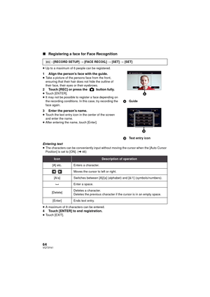 Page 6464VQT3Y41
∫Registering a face for Face Recognition
≥Up to a maximum of 6 people can be registered.
1 Align the person’s face with the guide.≥Take a picture of the persons face from the front, 
ensuring that their hair does not hide the outline of 
their face, their eyes or their eyebrows.
2 Touch [REC] or press the   button fully.≥Touch [ENTER].
≥ It may not be possible to register a face depending on 
the recording conditions. In this case, try recording the 
face again.
3 Enter the person’s name.≥Touch...