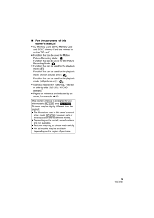 Page 99VQT3Y41
∫For the purposes of this 
owners manual
≥SD Memory Card, SDHC Memory Card 
and SDXC Memory Card are referred to 
as the “SD card”.
≥ Function that can be used for Motion 
Picture Recording Mode: 
Function that can be used for Still Picture 
Recording Mode: 
≥ Function that can be used for the playback 
mode:
Function that can be used for the playback 
mode (motion pictures only): 
Function that can be used for the playback 
mode (still pictures only): 
≥ Scene(s) recorded in 1080/60p, 1080/60i...