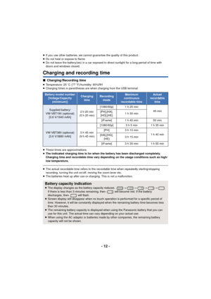 Page 12- 12 -
≥If you use other batteries, we cannot guarantee the quality of this product.
≥ Do not heat or expose to flame.
≥ Do not leave the battery(ies) in a car exposed to direct sunlight for a long period of time with 
doors and windows closed.
Charging and recording time
∫ Charging/Recording time
≥Temperature: 25 oC (77  oF)/humidity: 60%RH
≥ Charging times in parentheses are when charging from the USB terminal.
≥ These times are approximations.
≥ The indicated charging time is for when the battery has...