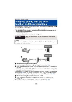 Page 123- 123 -
By linking with Wi-Fi compatible devices, you can use the Wi-Fi functions of [Link to Cell], [DLNA 
Play] , [Live Cast]  and [Home Cam] .
Before using the respective Wi-Fi functions, check and prepare your device.
≥ For the operations and settings of your device such as the smartphone, please read the 
operating instructions of the device.
≥ In this Operating Instructions,
jThe smartphone and tablet are indicated as “smartphone”.
A When connecting to a smartphone1 Install the smartphone...