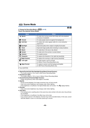 Page 46- 46 -
≥Change the Recording Mode to  . ( l42)Touch the desired Scene Mode.
≥Touch [ENTER].
≥(Sports/Portrait/Soft Skin/Spotlight/Snow/Beach/Sunset/Scenery)
jThe shutter speed is 1/8 or more in Still Picture Recording Mode.
≥ (Sunset/Low Light)
jThe shutter speed is 1/30 or more in Motion Picture Recording Mode.
≥ (Sunset/Scenery/Fireworks/Night Scenery)
jImage may get blurry when close object is recorded.
≥ (Sports)
jDuring normal playback, the image movement may not look smooth.
j Color and screen...