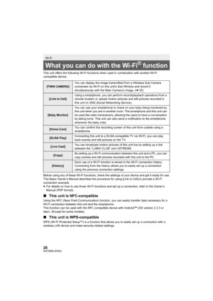 Page 2828SQT0650 (ENG)
This unit offers the following Wi-Fi functions when used in combination with another Wi-Fi 
compatible device.
Before using any of these Wi-Fi functions, check the settings o f your device and get it ready for use.
This Basic Owner’s Manual describes the procedure for using [Li nk to Cell] to provide a Wi-Fi 
connection example.
≥ For details on how to use those Wi-Fi functions and set up a co nnection, refer to the Owner’s 
Manual (PDF format).
∫ This unit is NFC-compatible
Using the NFC...