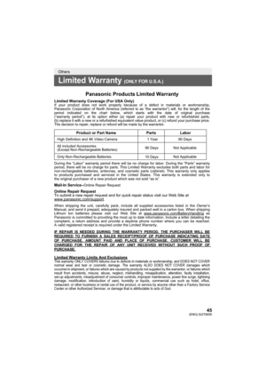 Page 4545(ENG) SQT0650
Others
Limited Warranty (ONLY FOR U.S.A.)
Panasonic ProductsLimited Warranty
Limited Warranty Coverage (For USA Only) If your product does not work properly because of a defect in materials \
or workmanship, 
Panasonic Corporation of North America (referred to as “the warranto\
r”) will, for the length of the 
period indicated on the chart below, which starts with the date of origi\
nal purchase 
(“warranty period”), at its option either (a) repair your prod\
uct with new or refurbished...