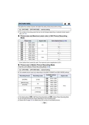 Page 101- 101 -
The higher the number of pixels, the higher the clarity of the picture when printing.
≥ The number of recording pixels that can be set changes dependin g on selected screen aspect 
ratio. ( l102 )
∫Picture size and Maximum zoom ratio in Still Picture Recording 
Mode
* Extra Optical Zoom cannot be used. The maximum zoom magnificat ion is 20k.
∫ Picture size in Motion Picture Recording Mode
≥Set this unit to Motion Picture Recording Mode ( l20)
≥ The available picture sizes vary depending on the...