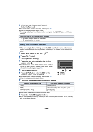 Page 188- 188 -
7(When there is an Encryption key (Password))Enter the Password.≥For details on how to enter characters, refer to page  11 6.
≥ When the entry is complete, touch [Enter].
≥ A message is displayed when the connection is complete. Touch [ ENTER], and exit [Wireless 
Settings].
≥ When connecting by [Manual Setting], confirm the SSID (Identifi cation name), Authentication 
method, Encryption type, and Encryption key (Password) of the w ireless access point you are 
using.
1Press Wi-Fi button on this...