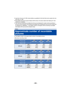 Page 252- 252 -
≥Use time in the row of 4 GB in above table as a guideline for t he time that can be copied onto one 
DVD disc (4.7 GB).
≥ Recordable times will be approximately half the times in the ab ove table when Backup for Twin 
Camera is in operation.
≥ The maximum remaining recordable time that can be displayed for  motion picture recording is 
99 hours and 59 minutes. Any remaining recordable time exceeding  99 hours and 59 minutes will 
be displayed as “R99h59m+”. This display remains unchanged unti l...