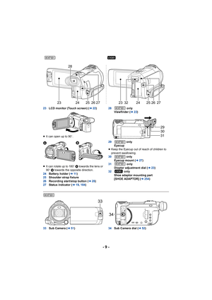 Page 9- 9 -
23LCD monitor (Touch screen) ( l22)
≥ It can open up to 90 o.
≥ It can rotate up to 180 o A towards the lens or 
90 o B  towards the opposite direction.
24 Battery holder ( l11)
25 Shoulder strap fixture
26 Recording start/stop button ( l28)
27 Status indicator ( l19, 184 ) 28
 only
Viewfinder ( l22)
29  only
Eyecup
≥ Keep the Eyecup out of reach of children to 
prevent swallowing.
30  only
Eyecup mount ( l27)
31  only
Diopter adjustment dial ( l23)
32  only
Shoe adaptor mounting part 
[SHOE...