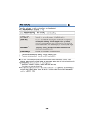 Page 98- 98 -
Recording setting of the built-in microphone can be adjusted.≥Set [REC FORMAT] to [AVCHD]. ( l91)
*1 The option is displayed only when [5.1ch/2ch] is set to [5.1c h].
*2 The option is displayed only when [5.1ch/2ch] is set to [2ch] .
≥If you wish to record higher quality sound and maintain realism  even when zooming in, for 
instance, when recording a music recital, we recommend setting  [MIC SETUP] to [SURROUND].
≥ [STEREO MIC] will be selected in the following cases:
jWhen [REC FORMAT] is set to...