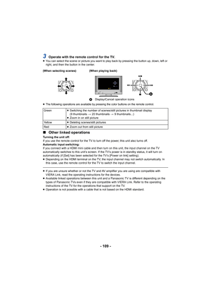 Page 109- 109 -
3Operate with the remote control for the TV.≥You can select the scene or picture you want to play back by pr essing the button up, down, left or 
right, and then the button in the center.
≥
The following operations are available by pressing the color bu ttons on the remote control.
∫Other linked operations
Turning the unit off:
If you use the remote control for the TV to turn off the power,  this unit also turns off.
Automatic input switching:
If you connect with a HDMI mini cable and then turn...