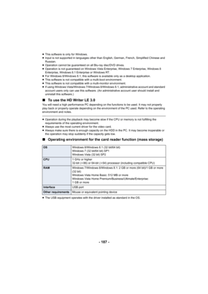 Page 187- 187 -
≥This software is only for Windows.
≥ Input is not supported in languages other than English, German,  French, Simplified Chinese and 
Russian.
≥ Operation cannot be guaranteed on all Blu-ray disc/DVD drives.
≥ Operation is not guaranteed on Windows Vista Enterprise, Window s 7 Enterprise, Windows 8 
Enterprise, Windows 8.1 Enterprise or Windows RT.
≥ For Windows 8/Windows 8.1, this software is available only as a  desktop application.
≥ This software is not compatible with a multi-boot...