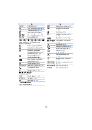 Page 195- 195 -
B
PRE-REC ( l68)
Time Lapse Recording ( l54)
Zoom Microphone ( l75)
Stereo Microphone (l 75)
/ Wind Noise Canceler ( l75)
/ Power LCD ( l34)
// // / /
Image Stabilizer ( l62)/Optical Image 
Stabilizer Lock ( l64)
Picture Adjustment ( l76)
Digital Cinema Color ( l74)
Brightness Adjustment 
(Miniature Effect/8mm movie/
Silent movie) ( l52, 53 )
Vividness Adjustment 
(Miniature Effect) ( l52)
Color balance Adjustment 
(8mm movie) ( l53)
AF/AE tracking ( l63)
/ Level Shot Function ( l41)
Touch...