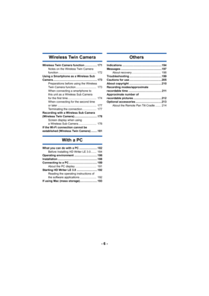 Page 6- 6 -
Wireless Twin Camera
Wireless Twin Camera function ................ 171Notes on the Wireless Twin Camera 
function ................................................  172
Using a Smartphone as a Wireless Sub 
Camera ........................................................ 1 73
Preparations before using the Wireless 
Twin Camera function ..........................  173
When connecting a smartphone to 
this unit as a Wireless Sub Camera 
for the first time ....................................  174
When...