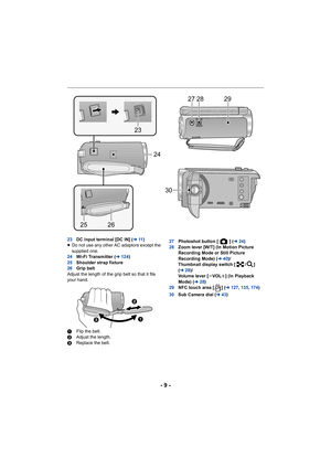 Page 9- 9 -
23DC input terminal [DC IN] ( l11)
≥ Do not use any other AC adaptors except the 
supplied one.
24 Wi-Fi Transmitter ( l124 )
25 Shoulder strap fixture
26 Grip belt
Adjust the length of the grip belt so that it fits 
your hand.
1 Flip the belt.
2 Adjust the length.
3 Replace the belt. 27
Photoshot button [ ] ( l24)
28 Zoom lever [W/T] (In Motion Picture 
Recording Mode or Still Picture 
Recording Mode) ( l40)/
Thumbnail display switch [ / ] 
( l 28)/
Volume lever [ sVOL r] (In Playback 
Mode) (l...