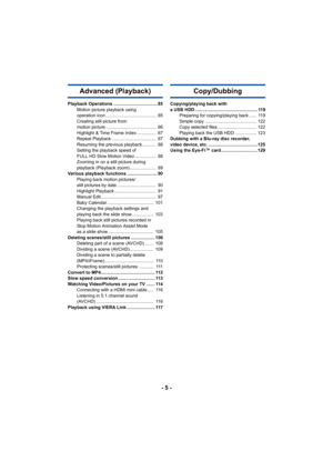 Page 5- 5 -
Advanced (Playback)
Playback Operations ................................... 85Motion picture playback using 
operation icon ........................................  85
Creating still picture from 
motion picture ........................................  86
Highlight & Time Frame Index ...............  87
Repeat Playback ...................................  87
Resuming the previous playback...........  88
Setting the playback speed of 
FULL HD Slow Motion Video .................  88
Zooming in on a...