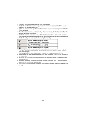 Page 142- 142 -
≥The Eye-Fi menu only appears when an Eye-Fi card is used.
≥ The Eye-Fi transfer feature cannot be guaranteed to continue to  operate in the future due to 
changes to the card specification etc.
≥ Update the firmware of the Eye-Fi card to the latest one using  the software supplied with the Eye-
Fi card before use.
≥ When the endless memory function of the Eye-Fi card is set to o n, the files transferred from the 
card may be deleted automatically.
≥ The Eye-Fi card may heat up as a result of the...