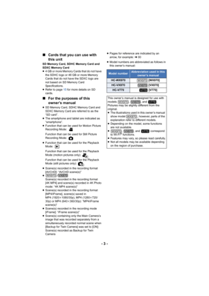 Page 3- 3 -
∫
Cards that you can use with 
this unit
SD Memory Card, SDHC Memory Card and 
SDXC Memory Card
≥4 GB or more Memory Cards that do not have 
the SDHC logo or 48 GB or more Memory 
Cards that do not have the SDXC logo are 
not based on SD Memory Card 
Specifications.
≥ Refer to page  15 for more details on SD 
cards.
∫ For the purposes of this 
owner’s manual
≥SD Memory Card, SDHC Memory Card and 
SDXC Memory Card are referred to as the 
“SD card”.
≥ The smartphone and tablet are indicated as...