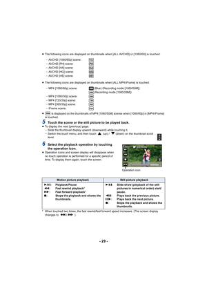 Page 29- 29 -
≥The following icons are displayed on thumbnails when [ALL AVCHD ] or [1080/60i] is touched:
≥ The following icons are displayed on thumbnails when [ALL MP4/i Frame] is touched:
≥  is displayed on the thumbnails of MP4 [1080/50M] scenes when [ 1080/60p] in [MP4/iFrame] 
is touched.
5Touch the scene or the still picture to be played back.≥ To display the next (previous) page:
jSlide the thumbnail display upward (downward) while touching it .
j Switch the touch menu, and then touch   (up) /   (down)...