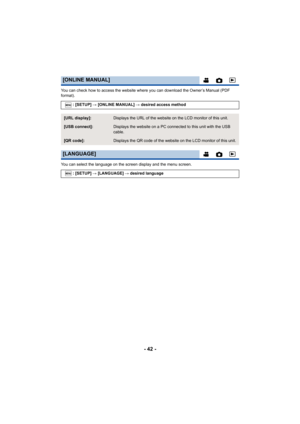 Page 42- 42 -
You can check how to access the website where you can download the Owner’s Manual (PDF 
format). 
You can select the language on the screen display and the menu  screen.
[ONLINE MANUAL]
: [SETUP] # [ONLINE MANUAL]  # desired access method
[URL display]:Displays the URL of the website on  the LCD monitor of this unit.
[USB connect]:Displays the website on a PC conn ected to this unit with the USB 
cable.
[QR code]:Displays the QR code of the website on the LCD monitor of this  unit.
[LANGUAGE]
:...