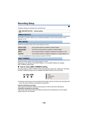 Page 139- 139 -
Recording Setup
All default settings are indicated with underlined text.
[SD CARD 1] and [SD CARD 2] can be selected separately to record motion pictures or still 
pictures. ( l30)
Switch the recording mode of the motion pictures to record.
* It is not compatible with motion pictures recorded in AVCHD.
Switch the picture quality of the motion pictures to record.
Depending on the settings of [SYSTEM FREQ] ( l159 ) and [REC MODE], the available 
[REC FORMAT] settings differ.
∫ How to read a [REC...