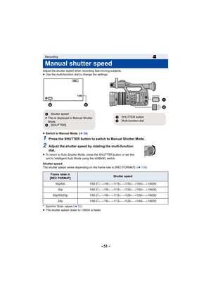 Page 51- 51 -
Adjust the shutter speed when recording fast-moving subjects.
≥Use the multi-function dial to change the settings.
≥ Switch to Manual Mode. ( l34)
1Press the SHUTTER button to switch to Manual Shutter Mode.
2Adjust the shutter speed by rotating the multi-function 
dial.
≥To return to Auto Shutter Mode, press the SHUTTER button or set  this 
unit to Intelligent Auto Mode using the iA/MANU switch.
Shutter speed:
The shutter speed varies depending on the frame rate in [REC FOR MAT]. (l139 )
* Synchro...