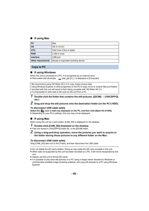 Page 95- 95 -
∫
If using Mac
∫ If using Windows
When the unit is connected to a PC, it is recognized as an exte rnal drive.
≥ Removable disk (Example:  ) is displayed in [Computer].
1Double-click the folder that contains the still pictures. ([DCI M] # [100CDPFQ] 
etc.)
2Drag and drop the still pictures onto the destination folder (o n the PC’s HDD).
To disconnect USB cable safely
Select the   icon in task tray displayed on the PC, and then cli ck [Eject HC-X1000].
≥ Depending on your PC’s settings, this icon...