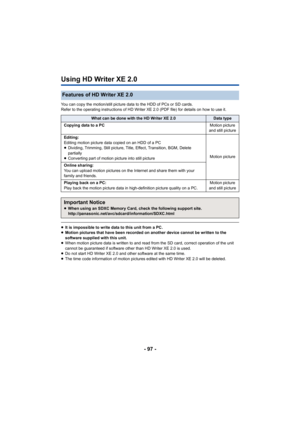 Page 97- 97 -
Using HD Writer XE 2.0
You can copy the motion/still picture data to the HDD of PCs or SD cards.
Refer to the operating instructions of HD Writer XE 2.0 (PDF file ) for details on how to use it.
≥It is impossible to write data to this unit from a PC.
≥ Motion pictures that have been recorded on another device canno t be written to the 
software supplied with this unit.
≥ When motion picture data is written to and read from the SD car d, correct operation of the unit 
cannot be guaranteed if...