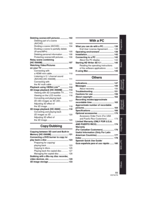Page 1111VQT4C76
Preparation
Basic
Advanced 
(Recording)
Copy/Dubbing
With a PC
Others
Advanced 
(Playback)
Deleting scenes/still pictures .............. 102
Deleting part of a scene 
(AVCHD) .........................................  103
Dividing a scene (AVCHD) ..............  104
Dividing a scene to partially delete 
(iFrame/MP4) ..................................  105
Deleting personal information .........  106
Protecting scenes/still pictures ........  106
Relay scene combining...