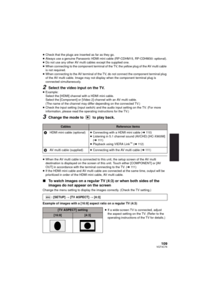 Page 109109VQT4C76
≥Check that the plugs are inserted as far as they go.
≥ Always use a genuine Panasonic HDMI mini  cable (RP-CDHM15, RP-CDHM30: optional).
≥ Do not use any other AV multi cables except the supplied one.
≥ When connecting to the component terminal of the TV, the yellow plug of the AV multi cable 
is not required.
≥ When connecting to the AV terminal of the TV, do not connect the component terminal plug 
of the AV multi cable. Image may not display when the component terminal plug is 
connected...