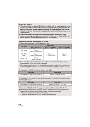 Page 126126VQT4C76
Important Notice≥When connecting an optional DVD burner and this unit for copying a disc, do not 
insert a disc with recorded motion pictures in high-definition picture quality into 
devices that do not support the AVCHD format. In some cases the disc may get 
stuck in the device. The disc will not play back on devices that do not support the 
AVCHD format.
≥ When inserting a disc containing recorded motion/still pictures into other 
devices, a message prompting you to format the disc may be...