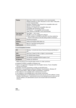 Page 140140VQT4C76
To use 3D playback function
* Make sure that you are using the latest version of a video card driver.
≥Supplied CD-ROM is available for Windows only.
≥ Input is not supported in languages other than English, German, French, Simplified 
Chinese and Russian.
≥ Operation cannot be guaranteed on all Blu-ray disc/DVD drives.
≥ Operation is not guaranteed on Microsof t Windows Vista Enterprise, Windows XP 
Media Center Edition, Tablet PC Edition and Windows 7 Enterprise.
≥ This software is not...