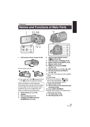 Page 1717VQT4C76
1 LCD monitor (Touch screen) (l28)
≥ It can open up to 90 o.
≥ It can rotate up to 180o  A towards the lens 
or 90o  B towards the opposite direction.
2 Power button [ ] ( l26)
3 Speaker
4 Inlet (cooling fan) ( l31)
5 Intelligent auto/Manual button  [iA/MANUAL] ( l37, 83) 6 Optical image stabilizer button 
[ O.I.S.] ( l55)
7 1080/60p button [1080/60p] ( l56)
8 Battery release lever [BATT] (l 20)
9 Battery holder ( l20)
10 HDMI mini connector [HDMI]  (l 108, 112)
11 USB terminal [ ] ( l124, 129,...