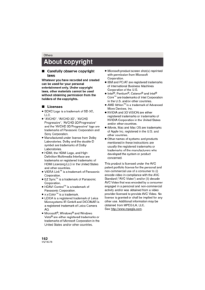 Page 162162VQT4C76
∫Carefully observe copyright 
laws
Whatever you have recorded and created 
can be used for your personal 
entertainment only. Under copyright 
laws, other materials cannot be used 
without obtaining permission from the 
holders of the copyrights.
∫Licenses
≥SDXC Logo is a trademark of SD-3C, 
LLC.
≥ “AVCHD”, “AVCHD 3D”, “AVCHD 
Progressive”, “AVCHD 3D/Progressive” 
and the “AVCHD 3D/Progressive” logo are 
trademarks of Panasonic Corporation and 
Sony Corporation.
≥ Manufactured under license...