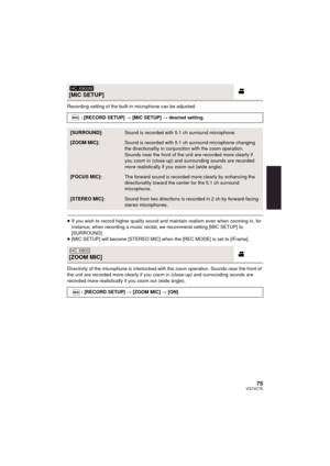 Page 7575VQT4C76
Recording setting of the built-in microphone can be adjusted.
≥If you wish to record higher quality sound and maintain realism even when zooming in, for 
instance, when recording a music recital, we recommend setting [MIC SETUP] to 
[SURROUND].
≥ [MIC SETUP] will become [STEREO MIC] when the [REC MODE] is set to [iFrame].
Directivity of the microphone is interlocked with the zoom operation. Sounds near the front of 
the unit are recorded more clearly if you zoom in (close-up) and surrounding...